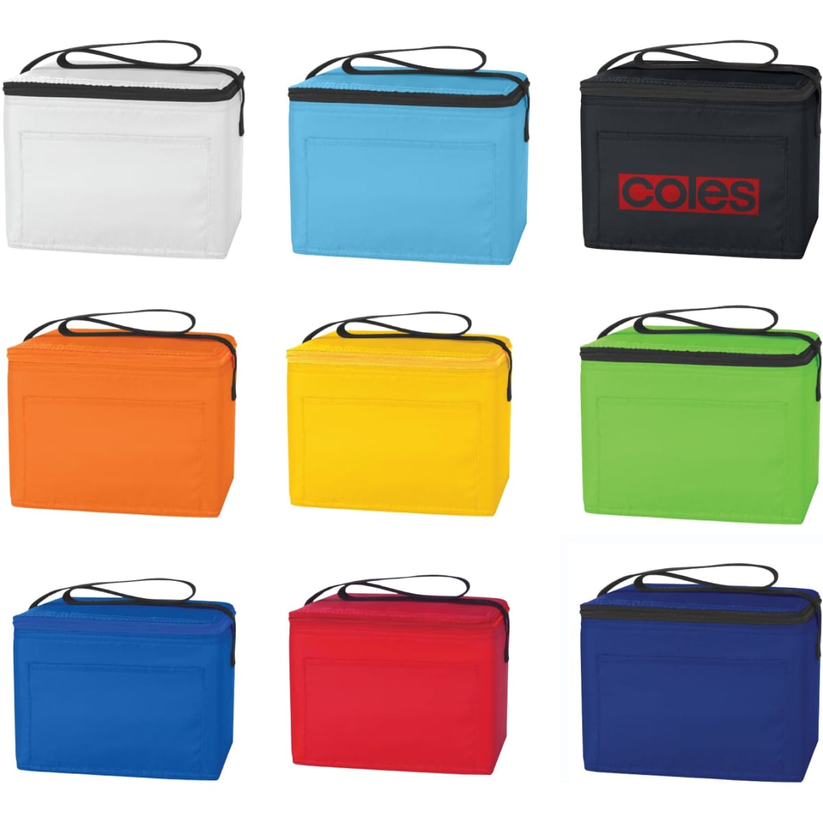 A collection of cooler bags in various colours: white, blue, yellow, green, orange, red, and black, each with a zipper and logo.