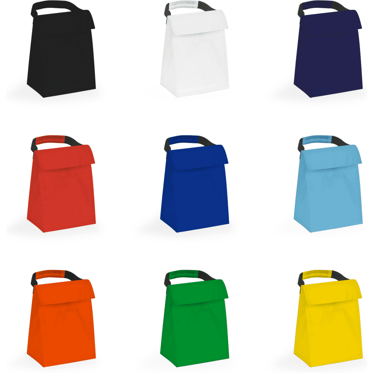 A collection of cooler bags in black, white, navy, red, blue, light blue, orange, green, and yellow, featuring a grip handle.