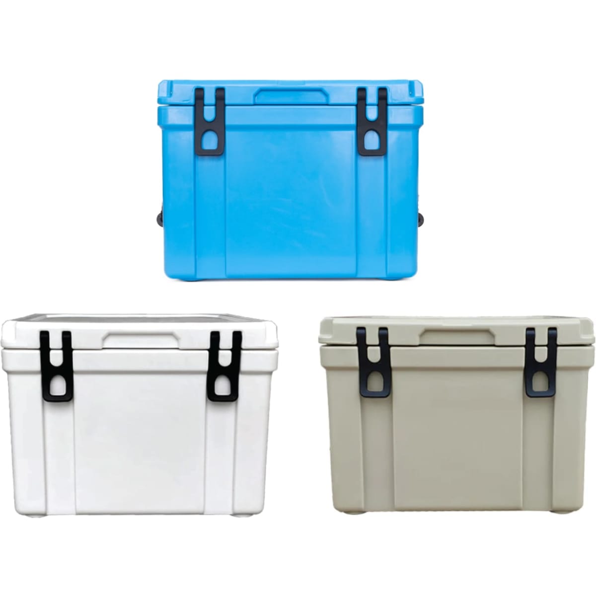 A 25L cooler box in blue, white, and grey, featuring black clips and handles. Each box has a logo.