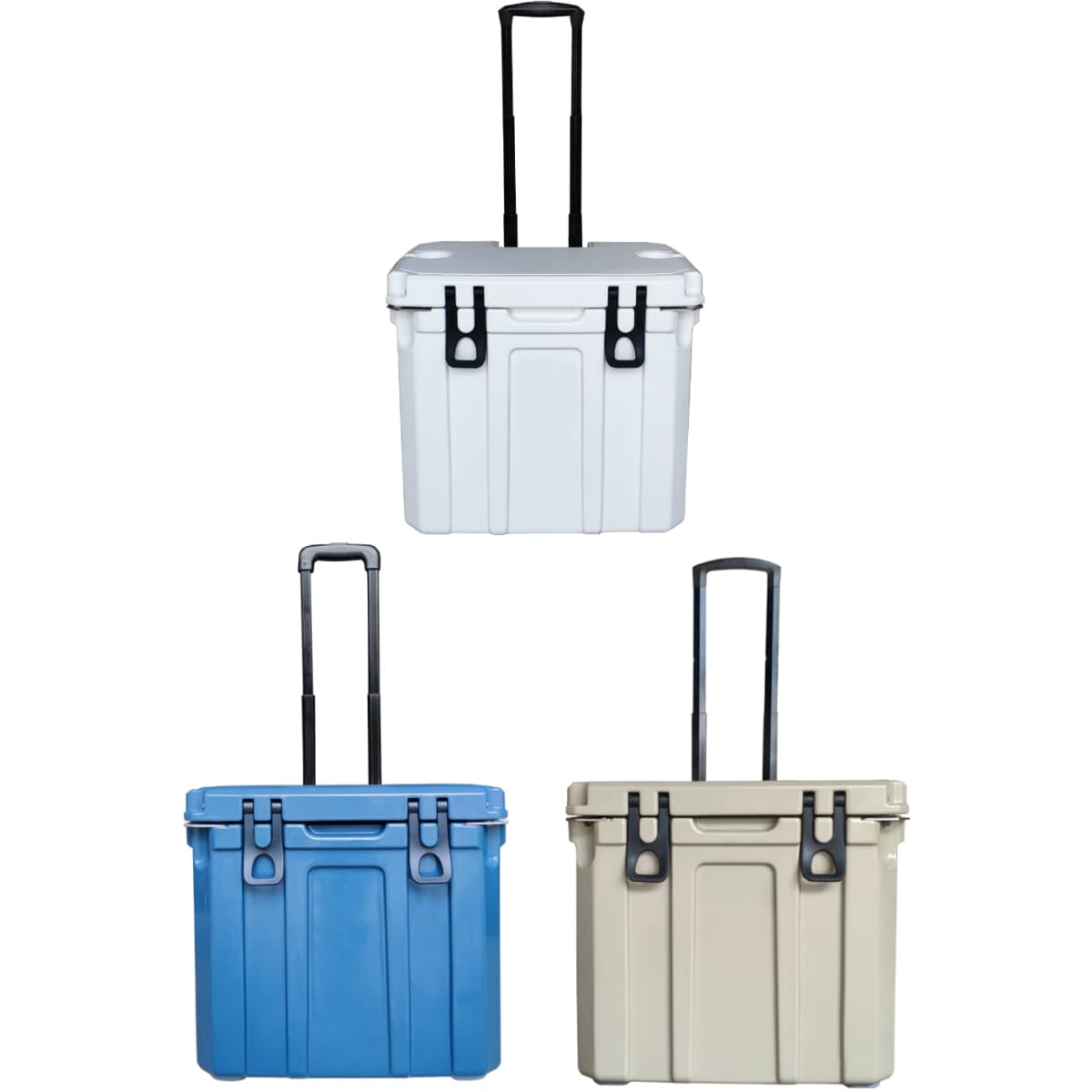 A cooler box with wheels available in white, blue, and beige, featuring a sturdy handle for easy transport.