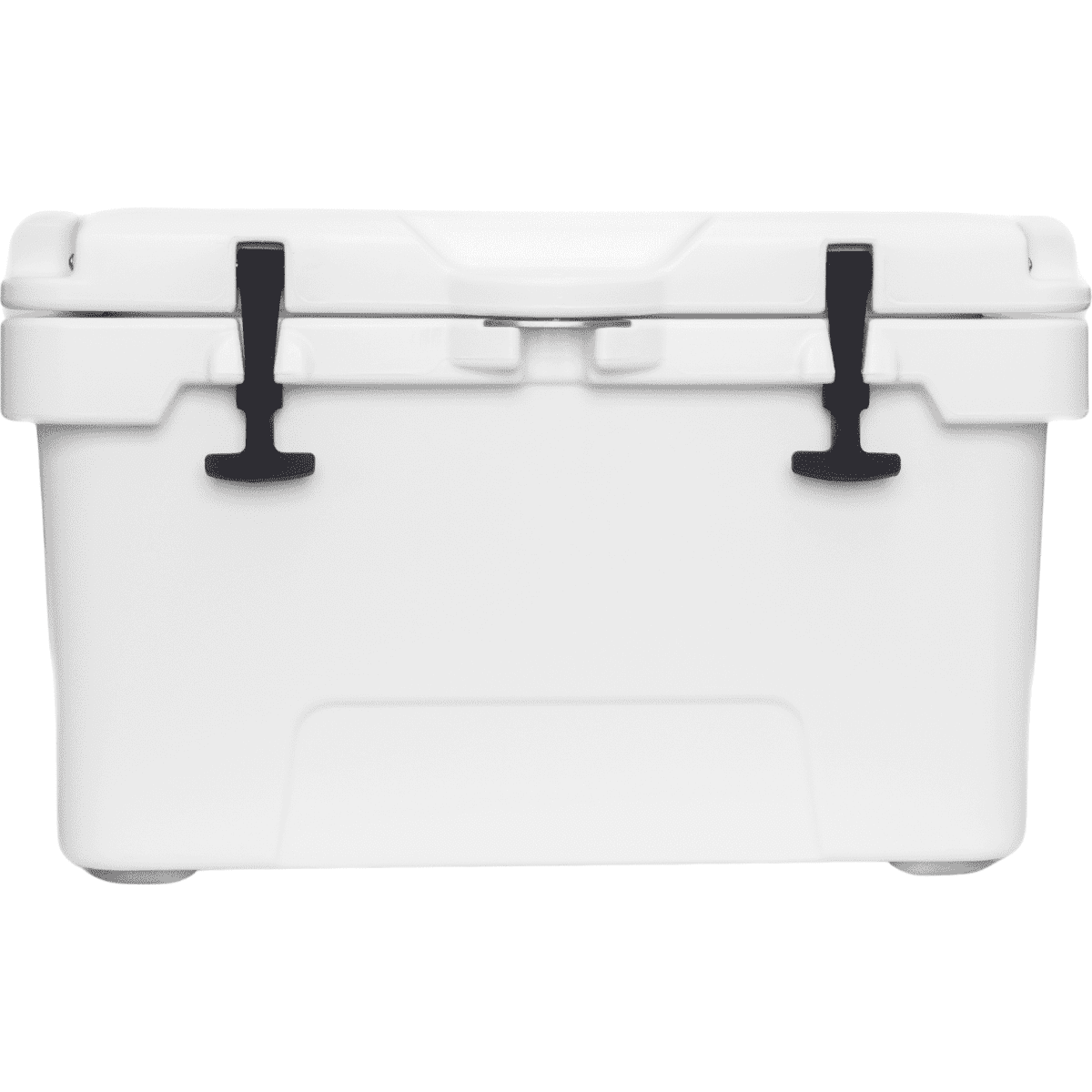 A white cooler box with black latches, featuring a sturdy design and a top lid.