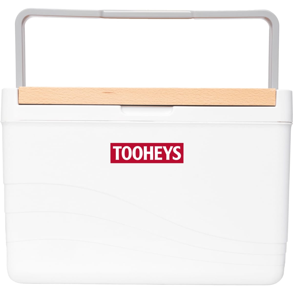 A white cooler box with a wooden handle and a logo on the front. Suitable for keeping items cool.