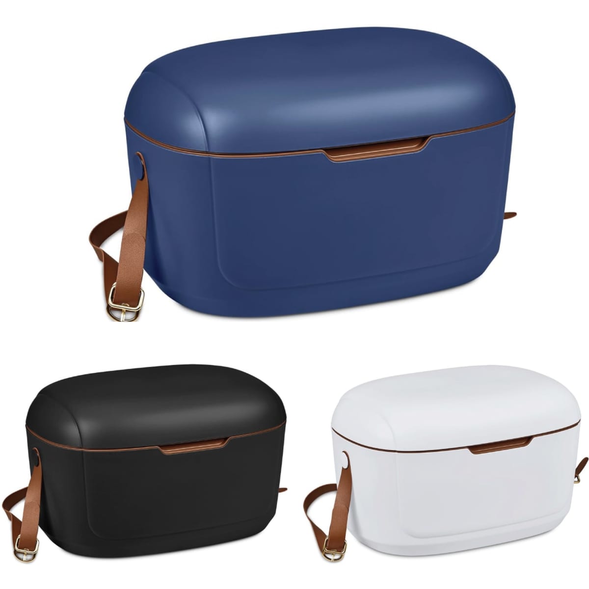 A cooler box in navy blue, black, and white, featuring leather-like straps and a sleek design.