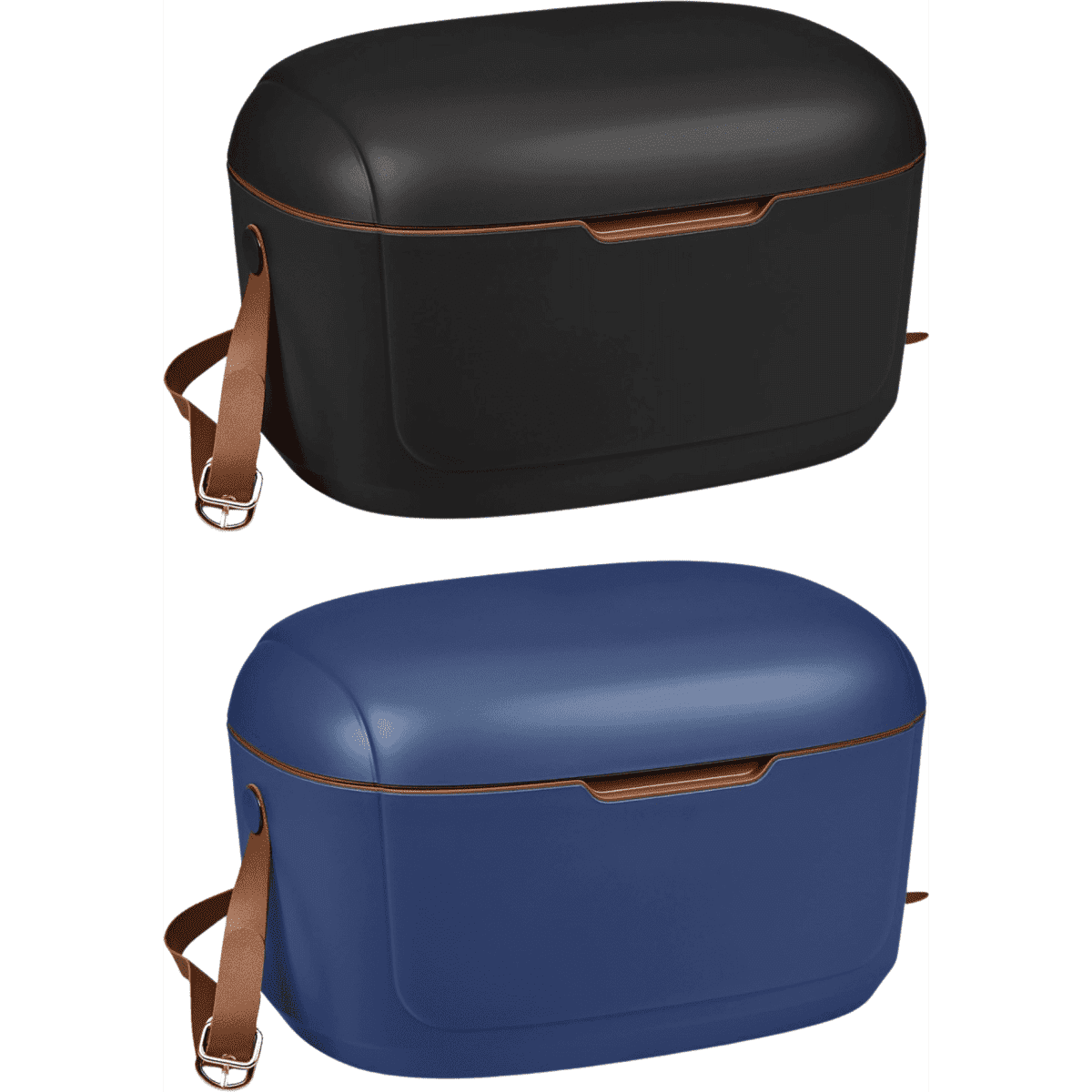 A cooler bag featuring a sleek black and blue design, with a brown strap and a logo.