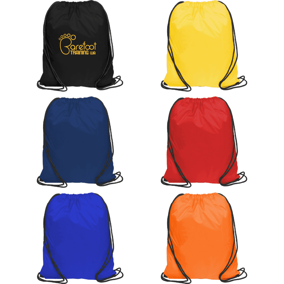 A set of nylon drawstring bags in black, yellow, blue, red, and orange, featuring a logo on the black bag.