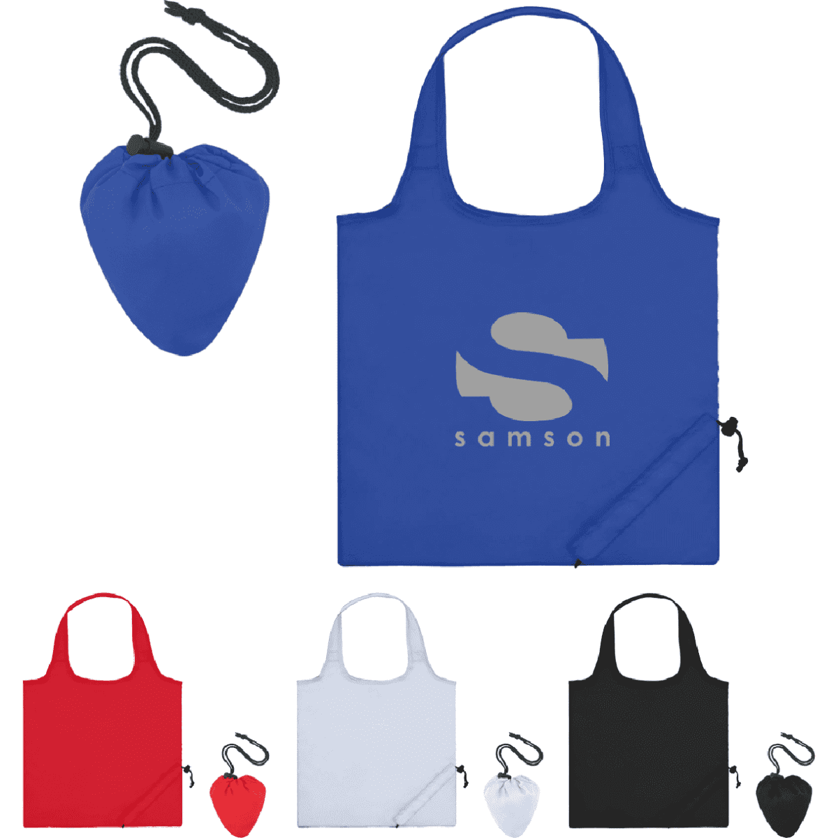 A blue nylon foldable bag with a logo, accompanied by a matching pouch. Additional bags in red, white, and black are shown.