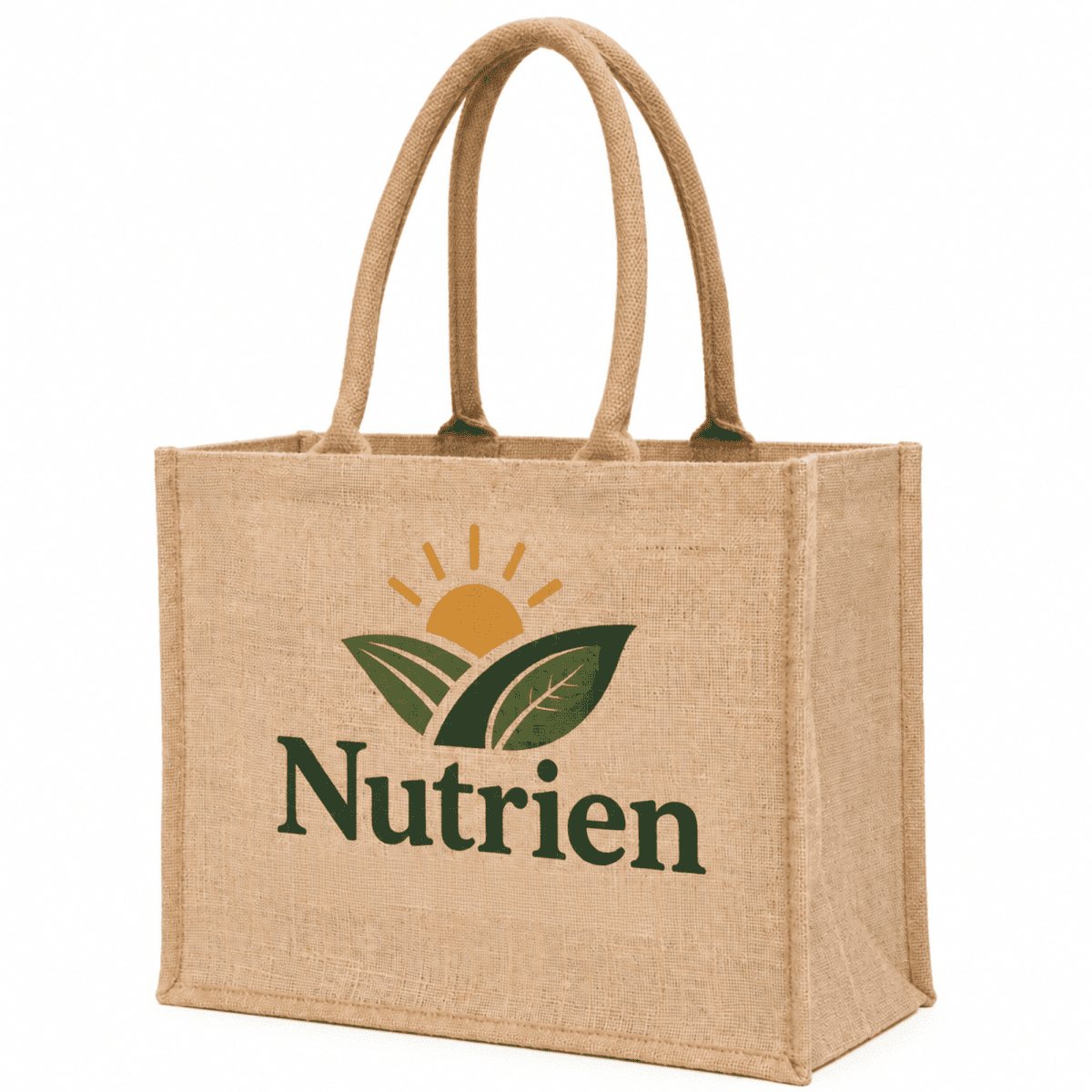 A beige laminated jute supermarket bag with two handles and a logo featuring leaves and a sun.