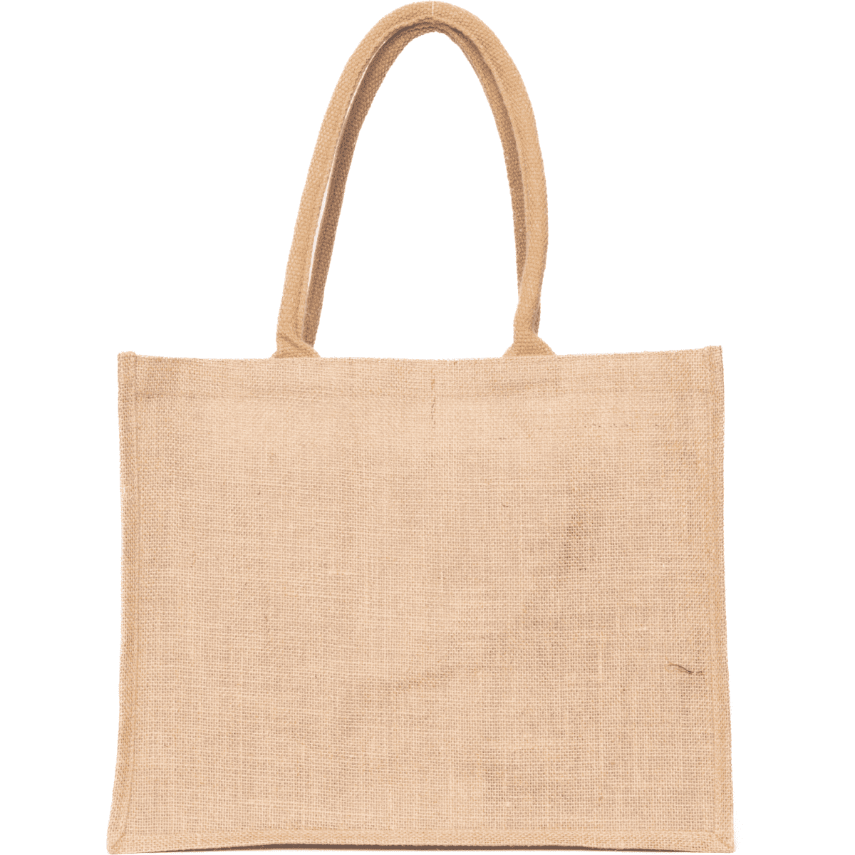 A large, natural-coloured jute supermarket bag with two sturdy handles and a simple design.