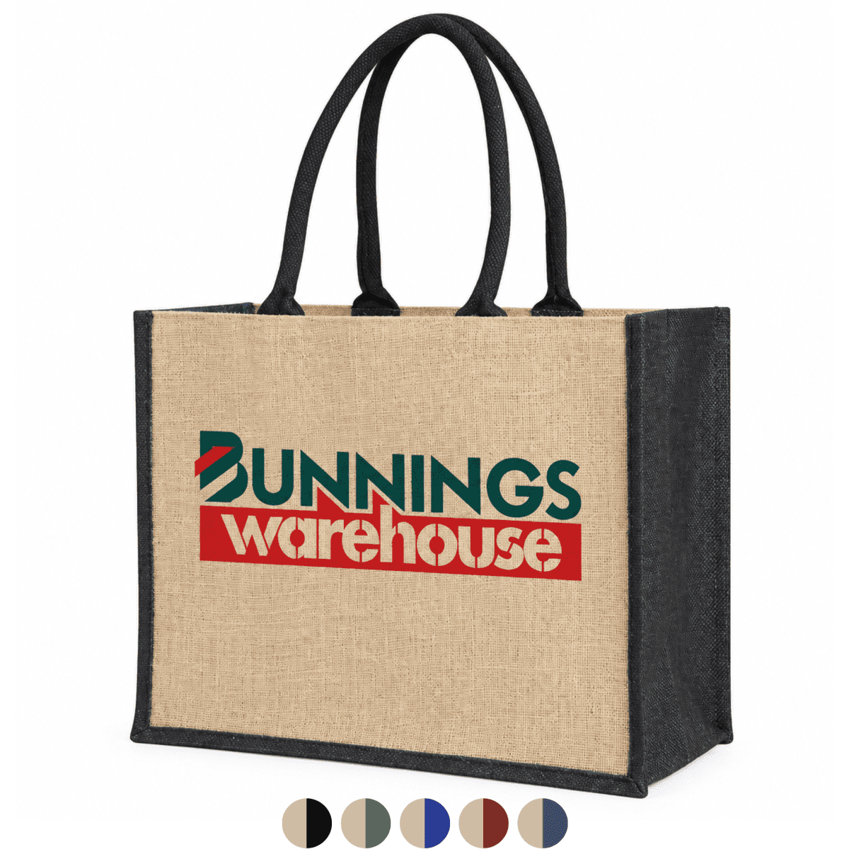 A jute supermarket bag with a natural tan body, black handles, and coloured gussets, featuring a logo.