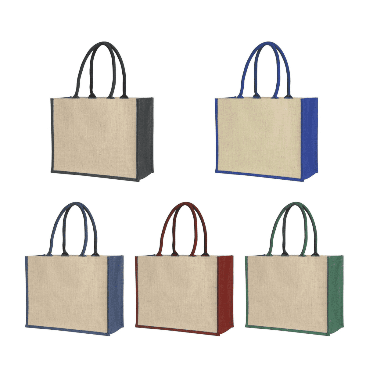 Laminated jute supermarket bags in five colours: black, blue, red, green, and brown, each with coloured handles and gussets.