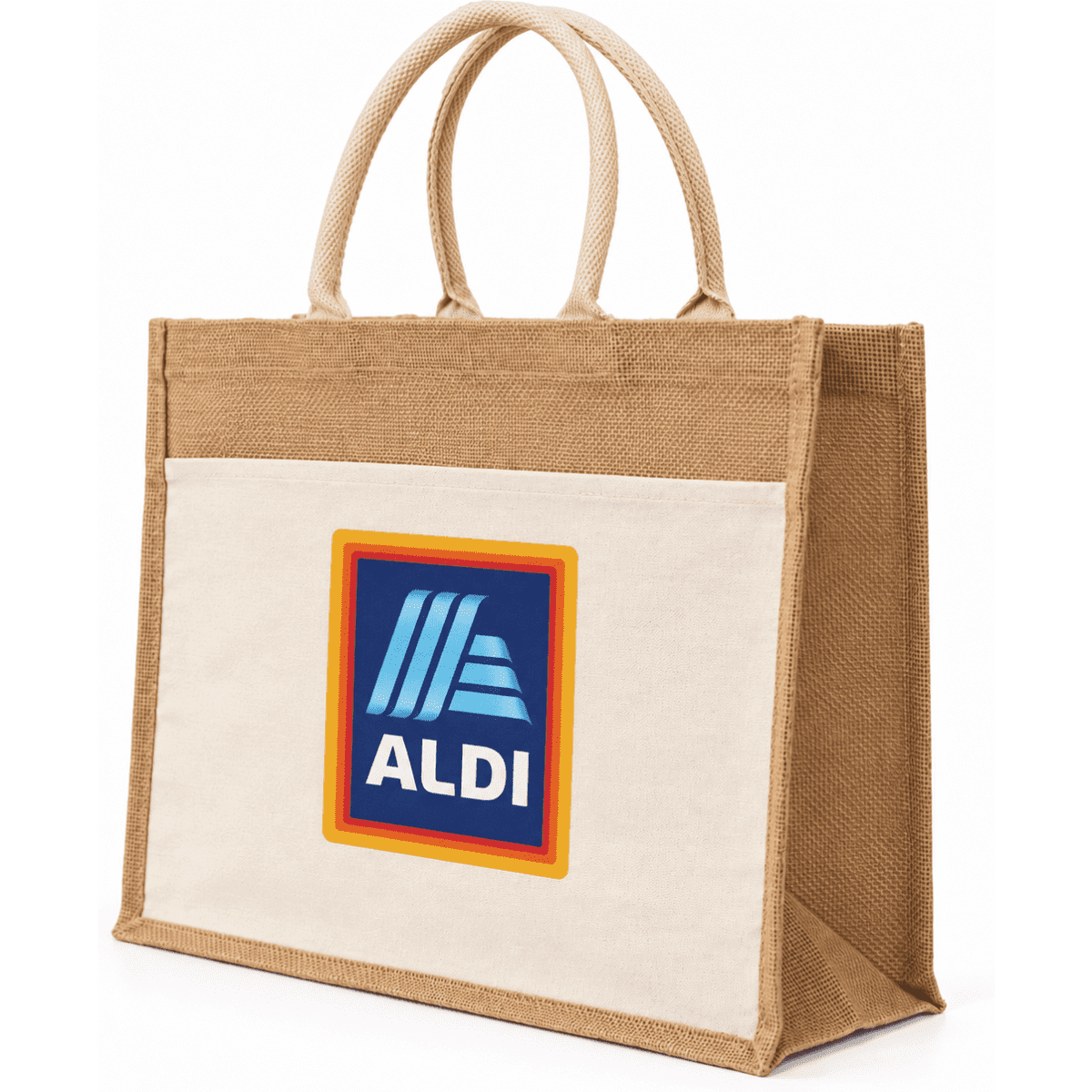 A jute beach bag in brown with cotton handles and a front pocket, featuring a logo.