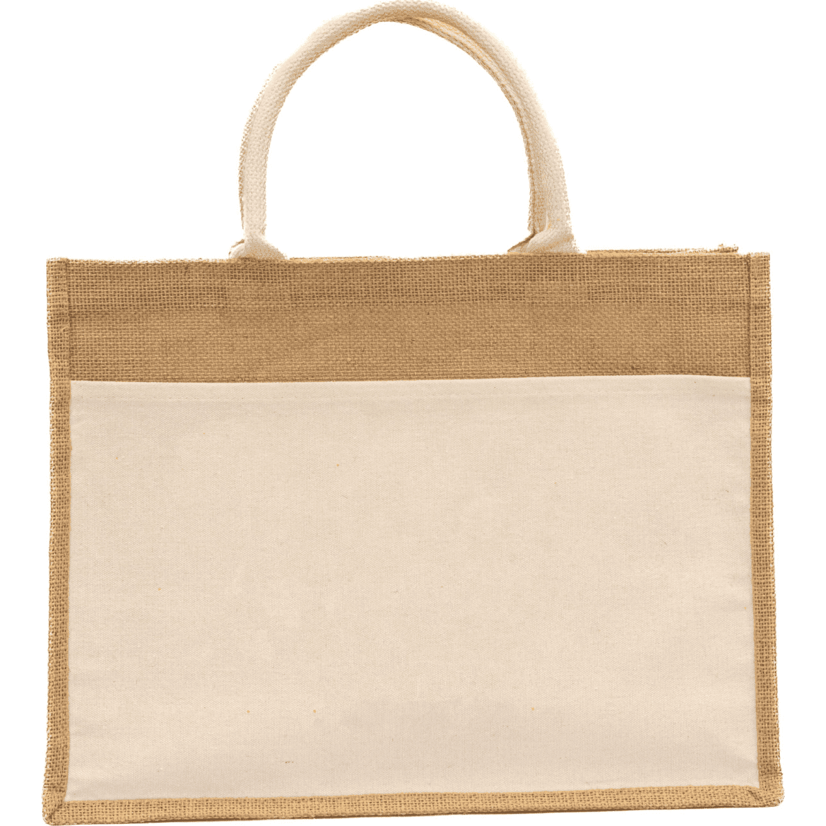 Laminated jute beach bag in tan and cream with cotton handles and a front pocket. Features a logo.