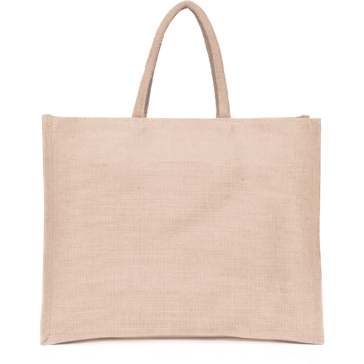 A natural-coloured Juco bag with two handles and a plain design, featuring a logo.