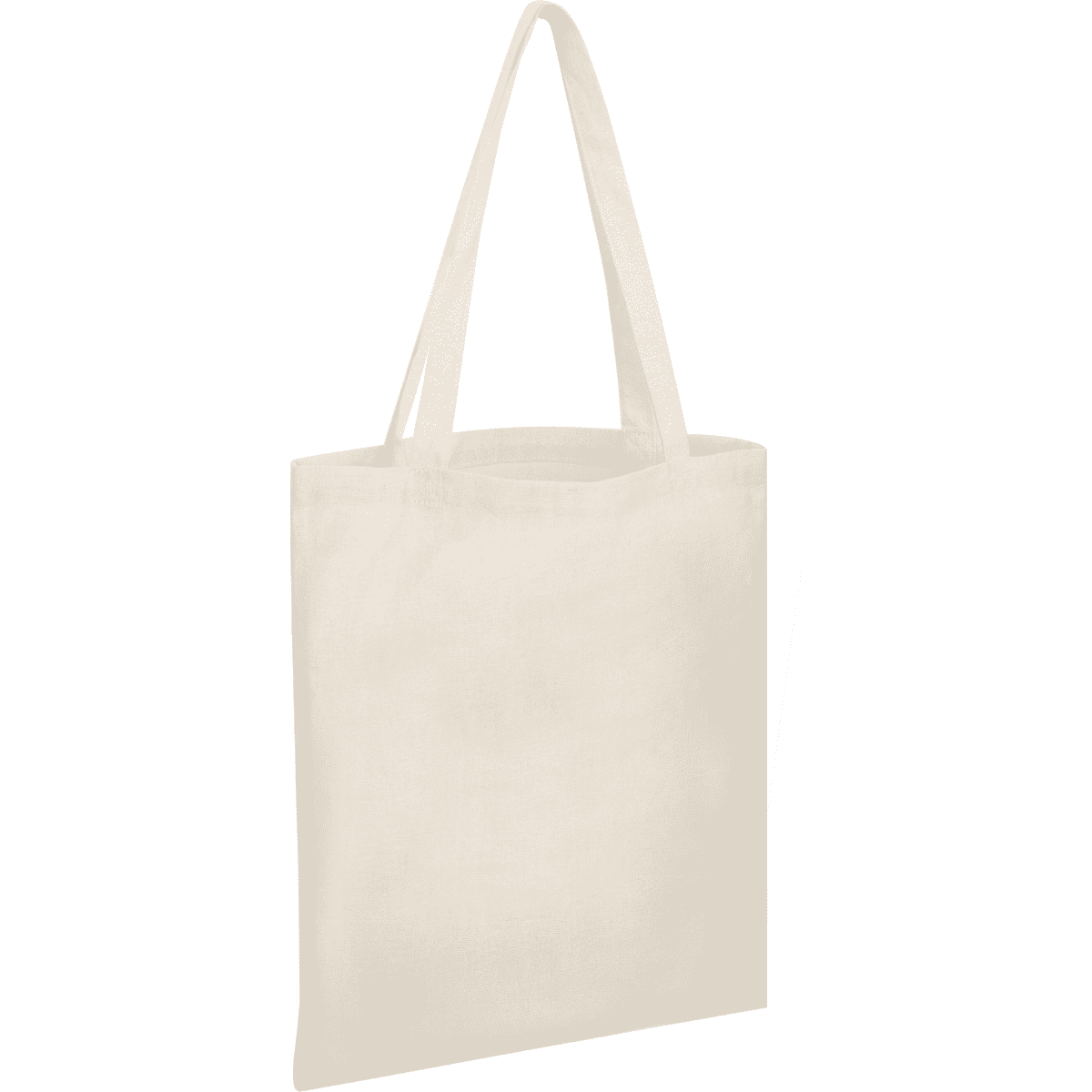 A light beige tote bag without a gusset, featuring two handles and a simple design. It has a logo on one side.