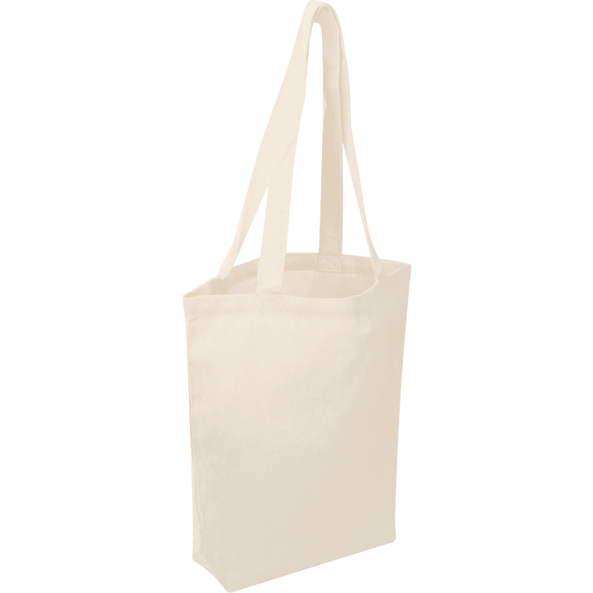 A cream hemp tote bag with a gusset, featuring long handles and a simple design. Includes a logo on the side.