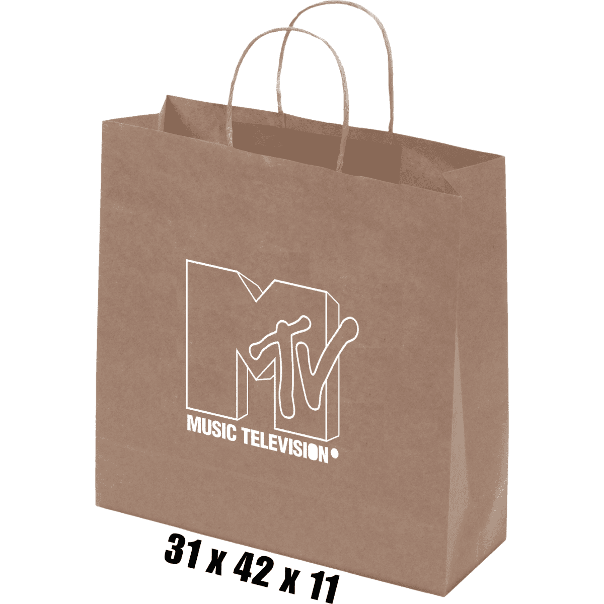 A large brown kraft paper bag with twisted handles and a logo. Dimensions: 31 x 42 x 11 cm.