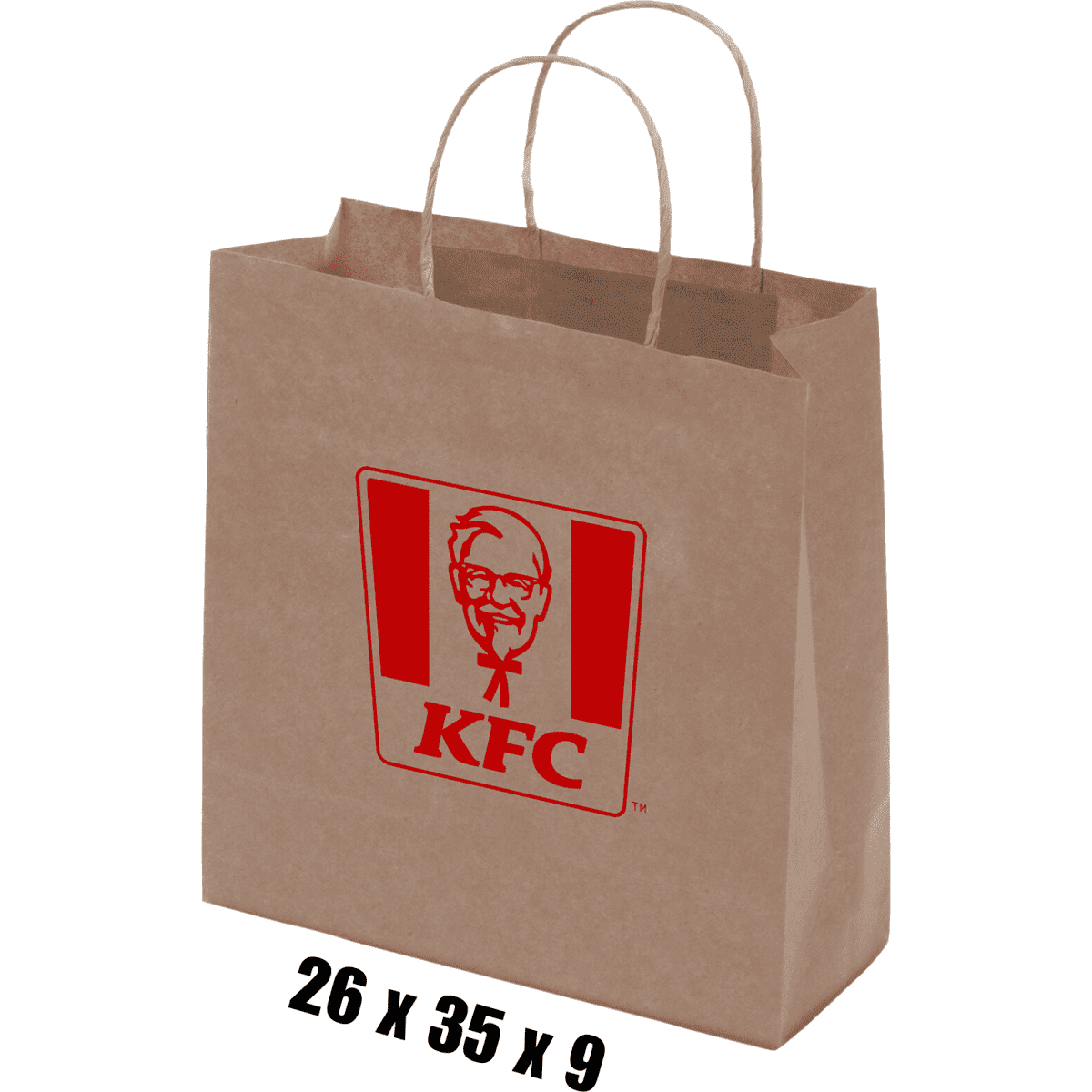 A medium brown kraft paper bag with twisted paper handles and a logo on the front. Dimensions are 26 x 35 x 9 cm.