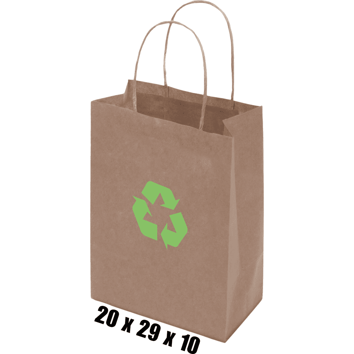A brown kraft paper bag with a twisted paper handle and a recycling logo, measuring 20 x 29 x 10 cm.
