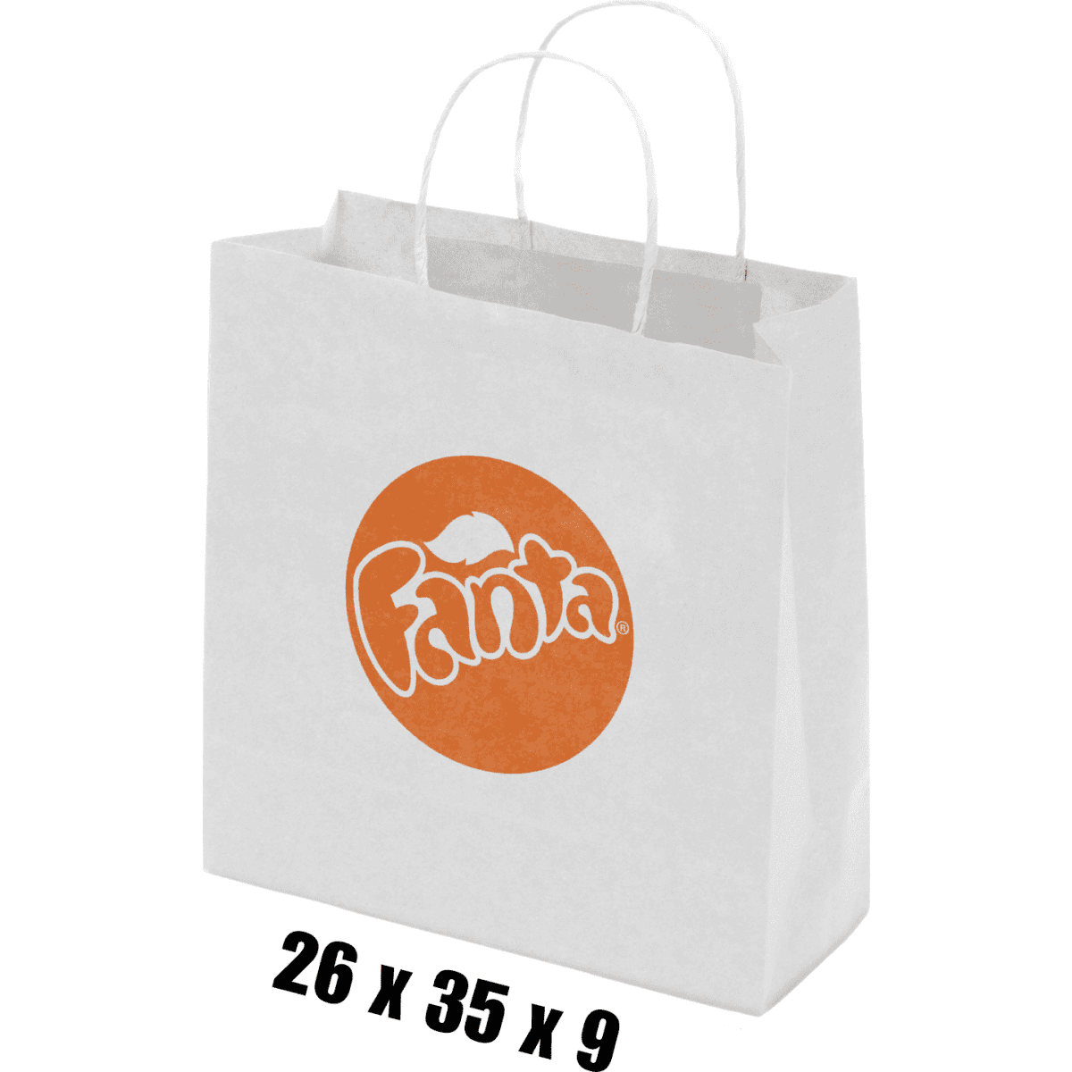 A medium white kraft paper bag with twisted paper handles and a circular logo design.