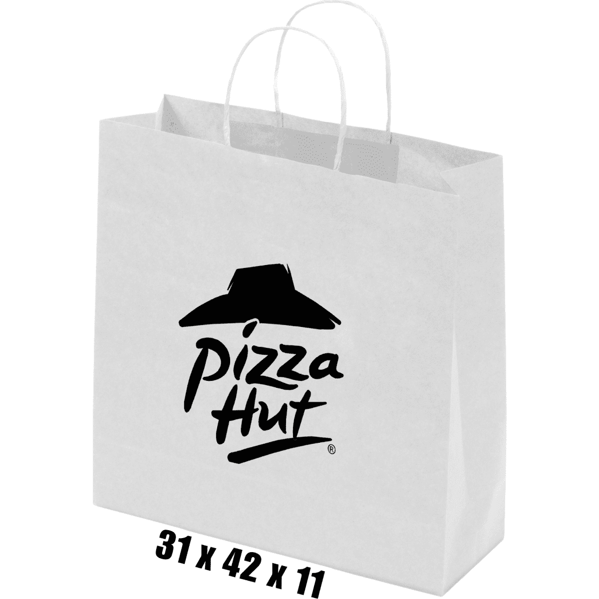 A large white paper bag with a twisted paper handle and a logo printed on the front.