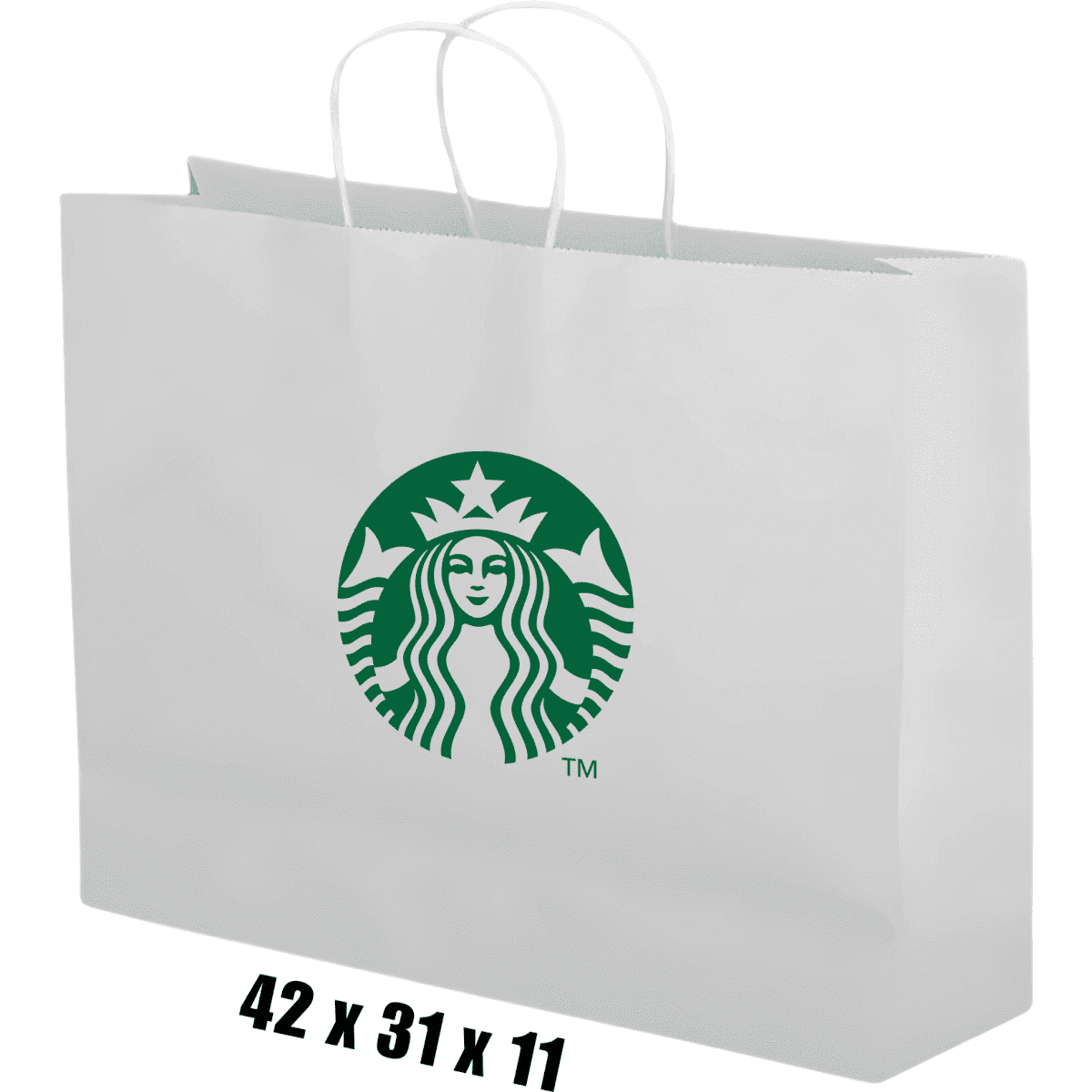 A white paper bag featuring twisted paper handles and a logo. Dimensions are 42 x 31 x 11 centimetres.