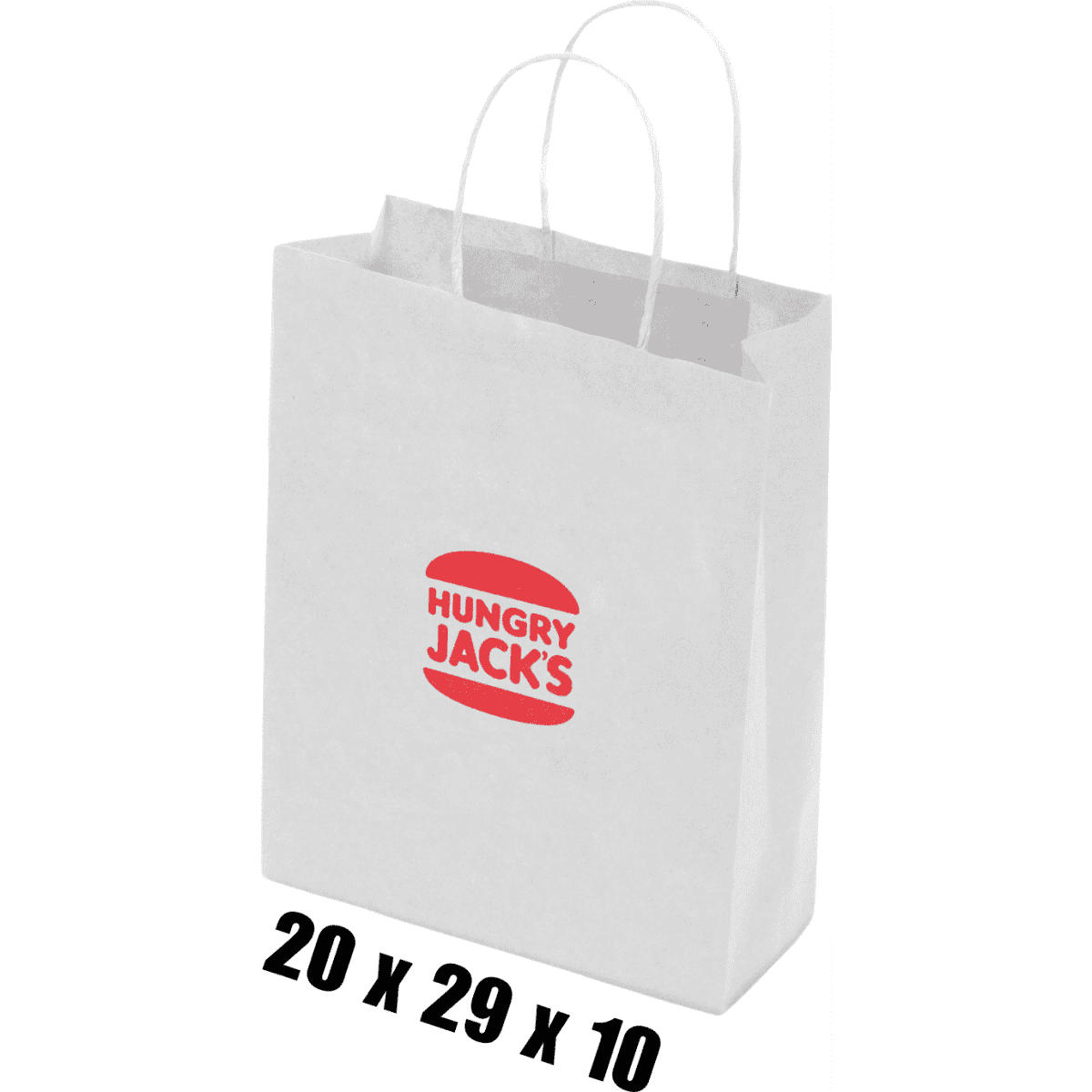 A small white kraft paper bag with twisted paper handles and a logo on the front.