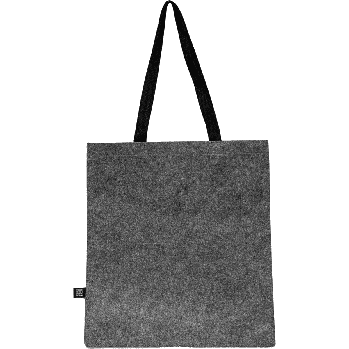 A grey felt tote bag with black handles, featuring a small logo tag on the side.
