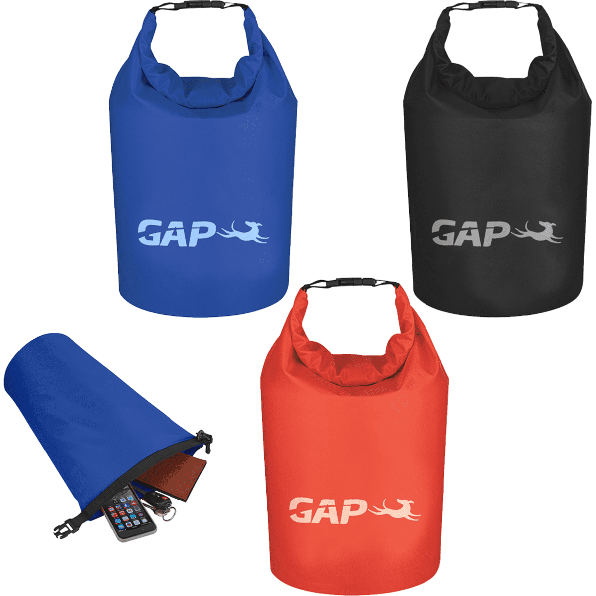 A set of waterproof dry bags in blue, black, and red, featuring a logo and a closed bag with items inside.