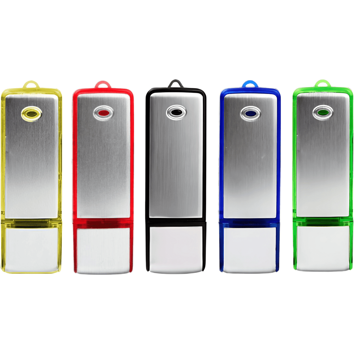 Five USB flash drives in yellow, red, black, blue, and green, featuring a metallic design and a branding logo.