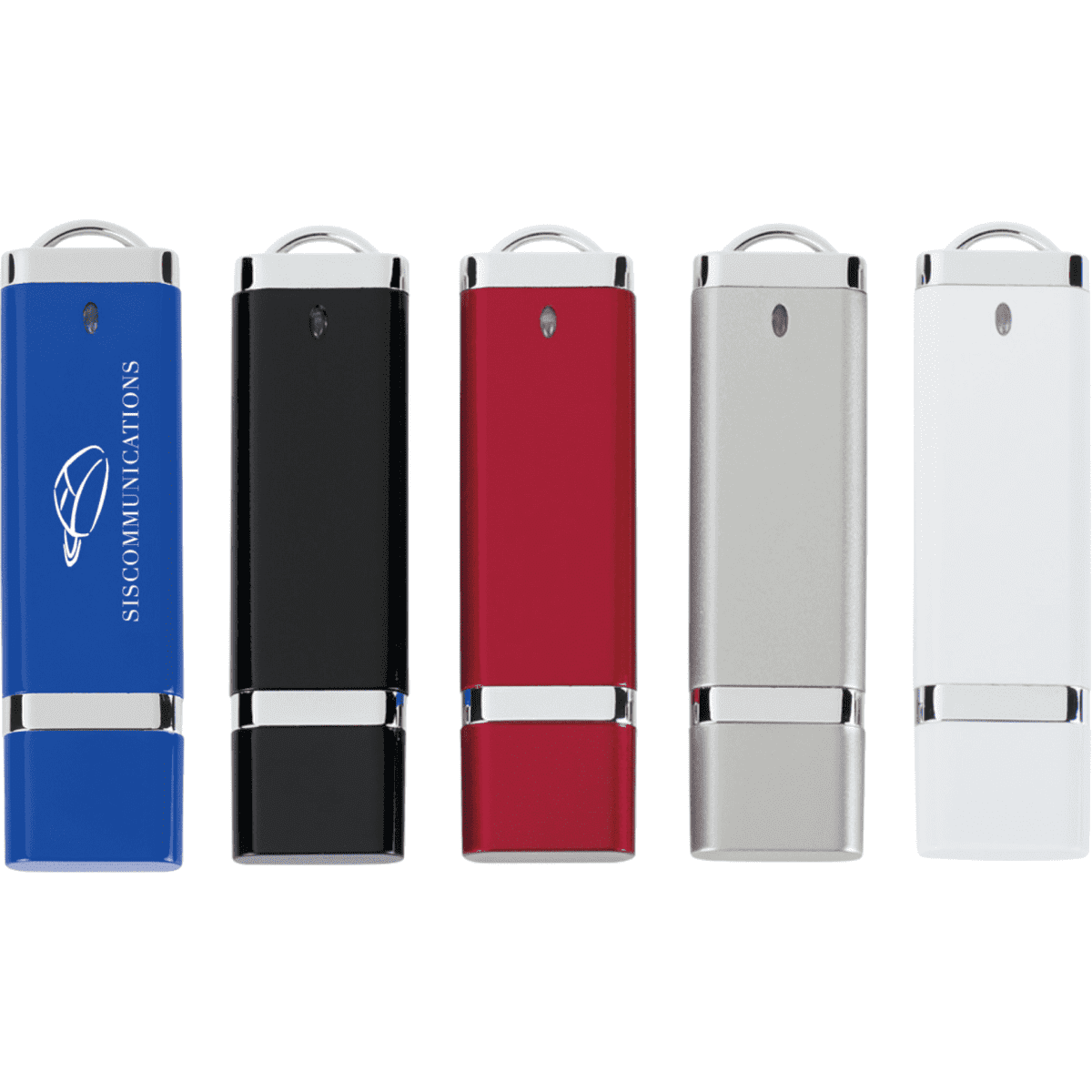 A collection of five USB flash drives in blue, black, red, silver, and white, each with a branding logo.