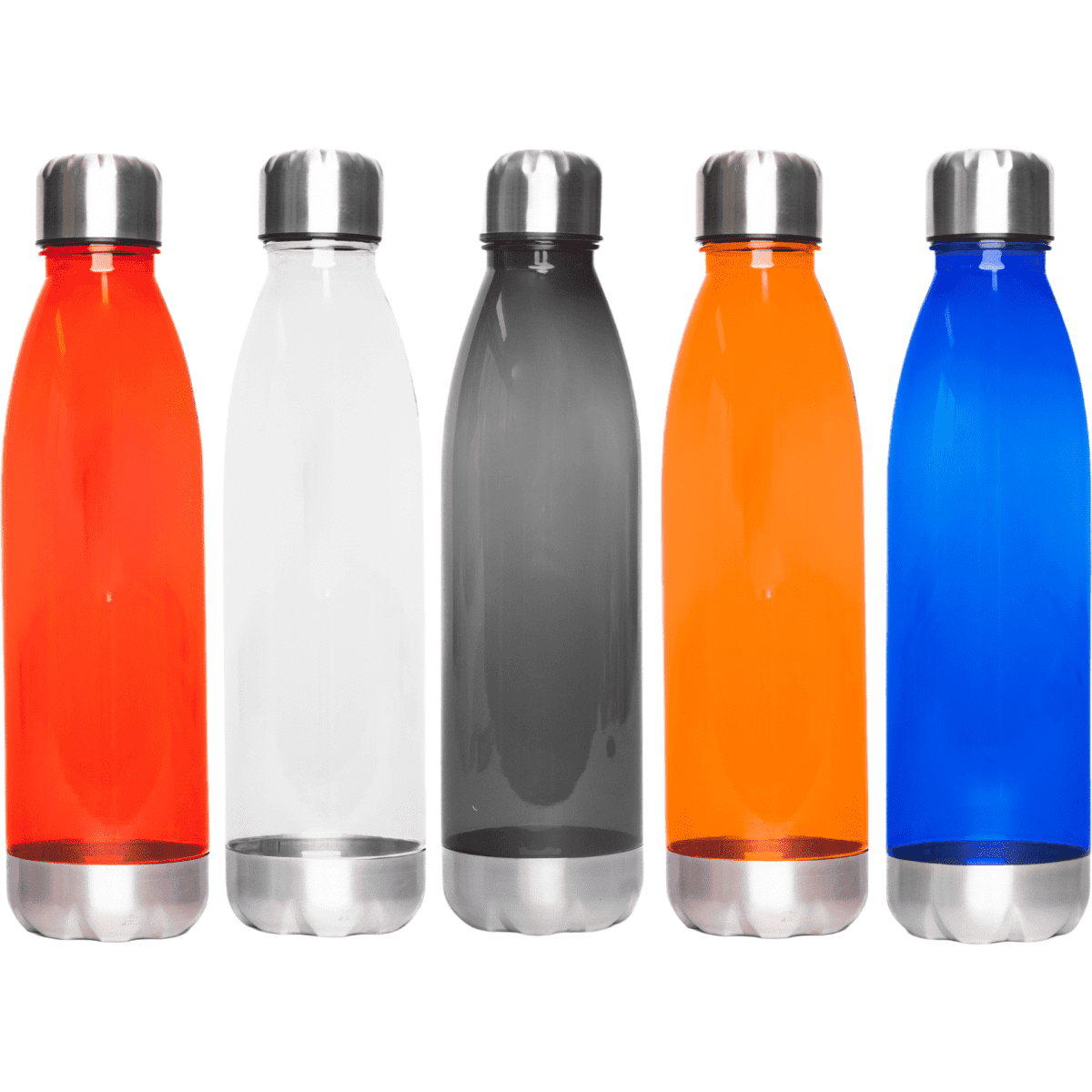 A drink bottle collection featuring red, clear, grey, orange, and blue options, each with a stainless base and cap.