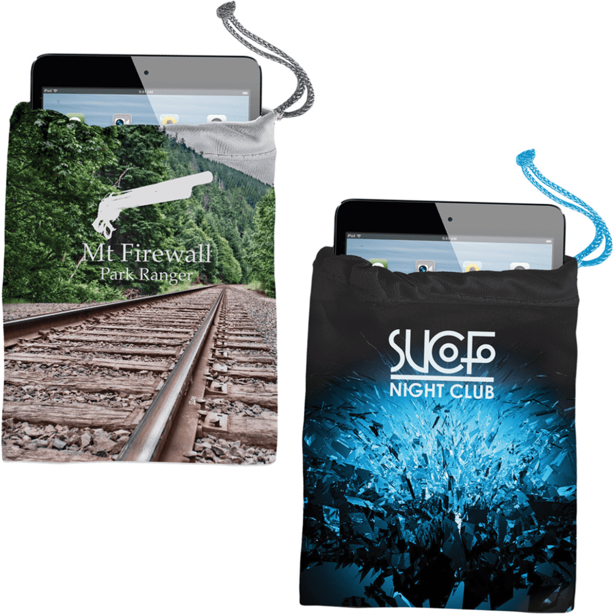 Microfibre pouches for sunglasses or phones in grey and black, featuring different designs and a drawstring closure.