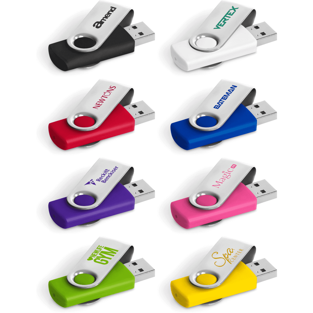 A collection of Tiger USB flash drives in various colours: white, blue, purple, pink, and black, featuring logos.
