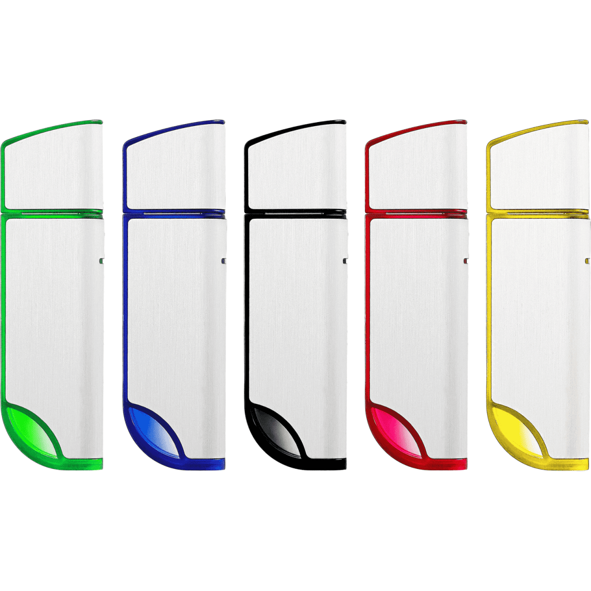 A set of five USB flash drives in green, blue, black, red, and yellow with a sleek metallic finish and logo branding.
