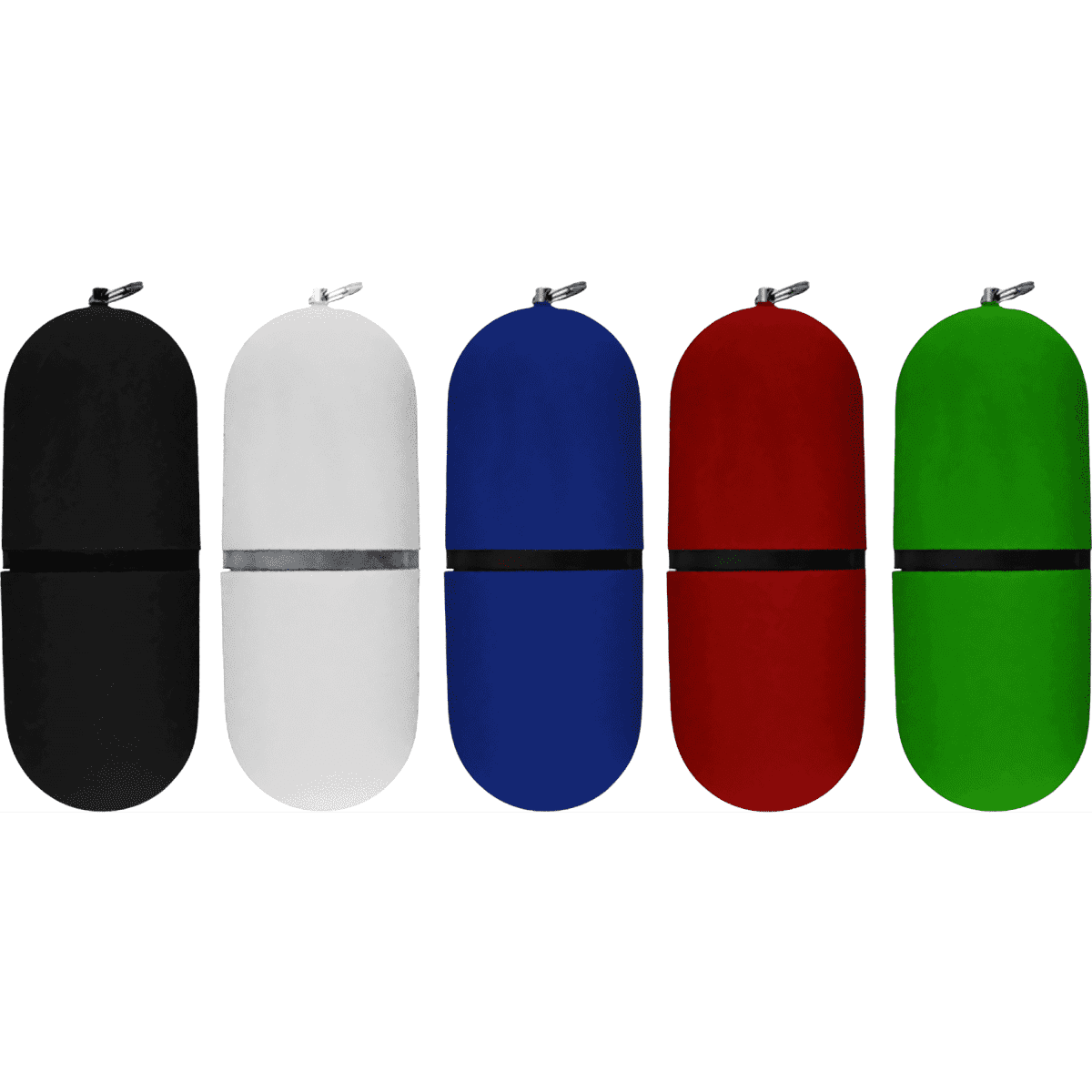 A set of five USB flash drives in black, white, blue, red, and green, each with a rounded capsule shape and a logo.