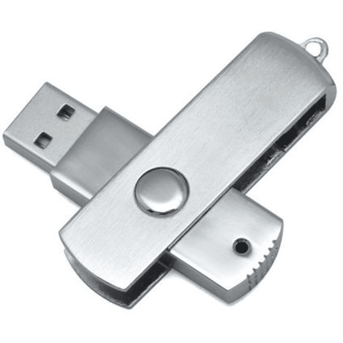 A silver metal swivel USB flash drive with a rotating mechanism and a small attachment loop.