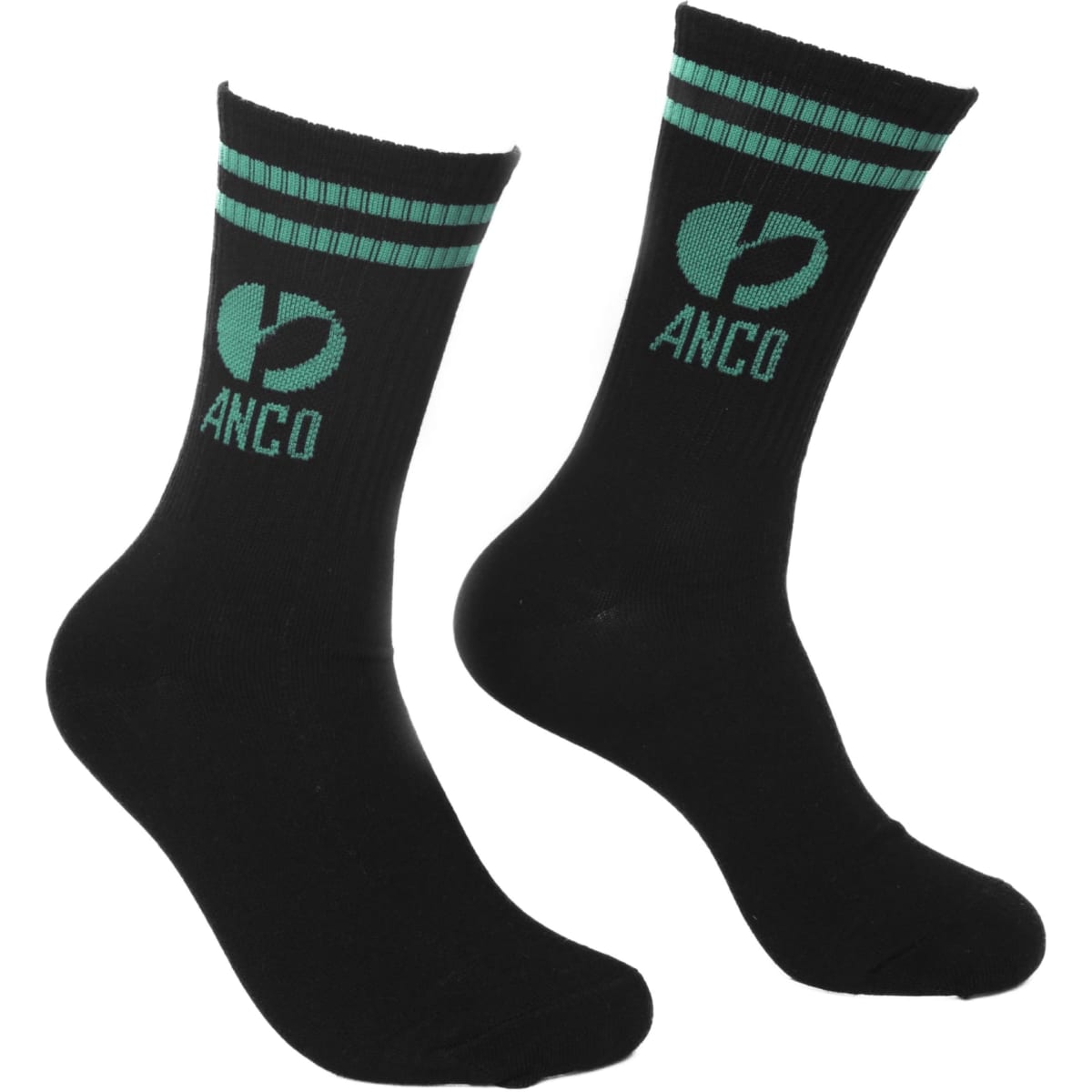 Crew Jacquard Socks in black with green stripes and a logo featuring the brand name.