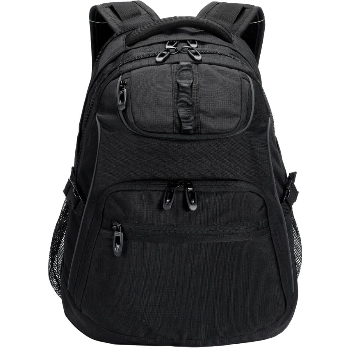 A black backpack with multiple zippered compartments and mesh side pockets, featuring adjustable shoulder straps.
