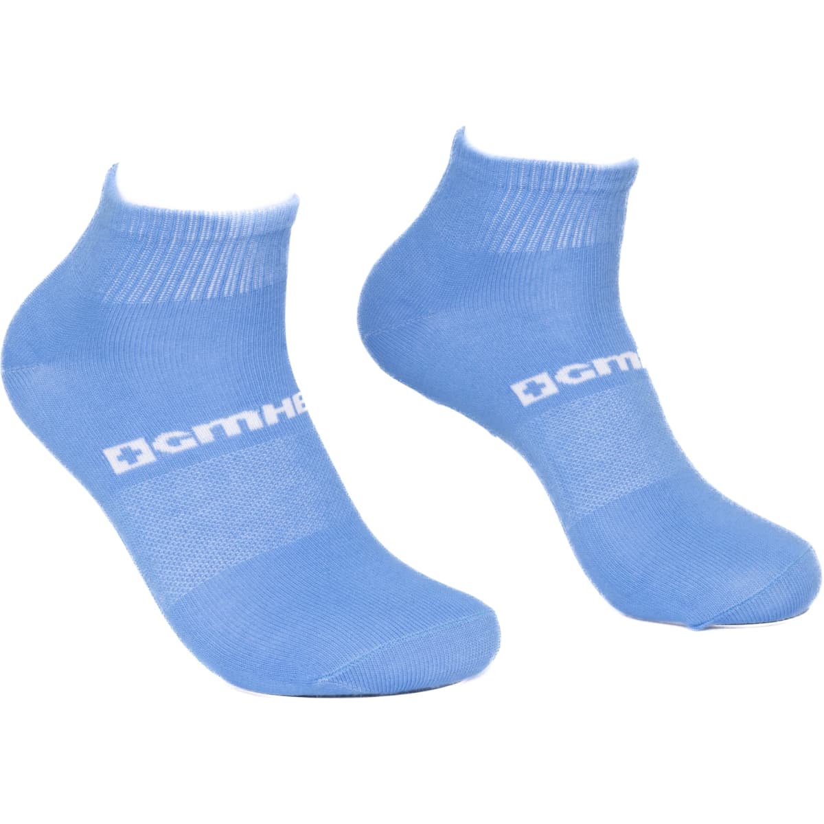 A pair of light blue short gripper socks with a logo on the side.