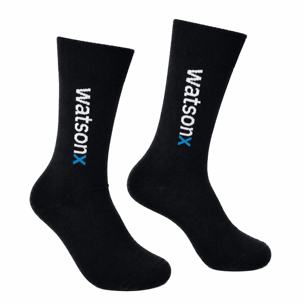 A pair of black socks featuring a logo in white and blue, showcasing a sleek design for comfortable wear.