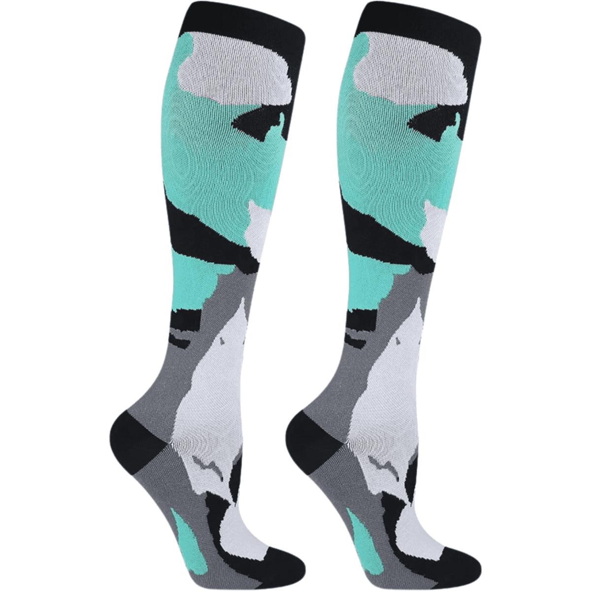 Knee high sublimated socks featuring a design in teal, grey, and black with a logo.