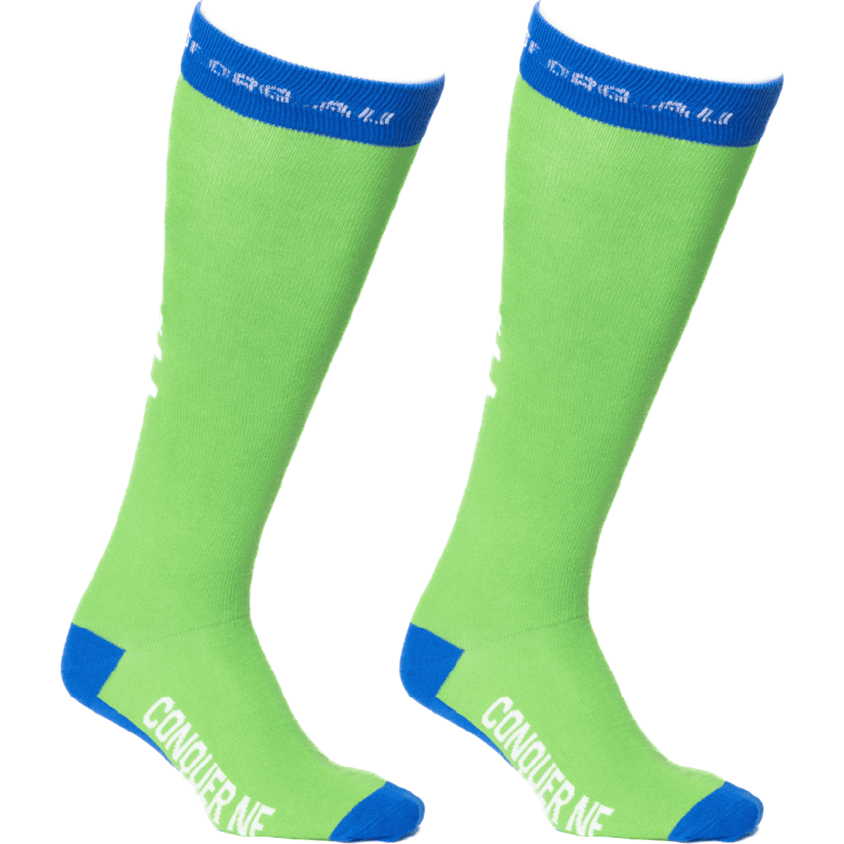 Knee high socks in bright green with blue accents, featuring a logo near the cuff.