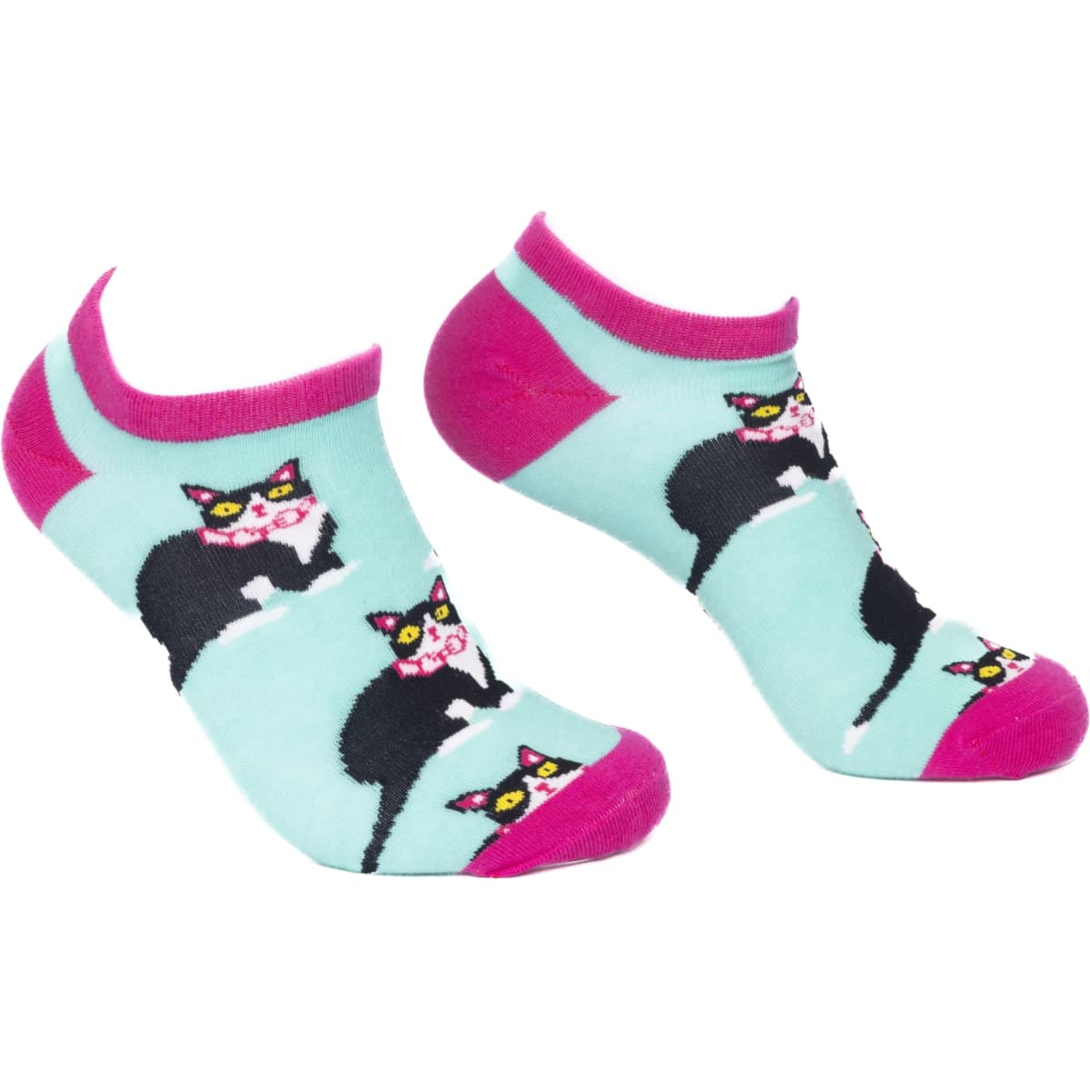 Ankle cut jacquard socks in mint green with pink accents, featuring playful cat designs.