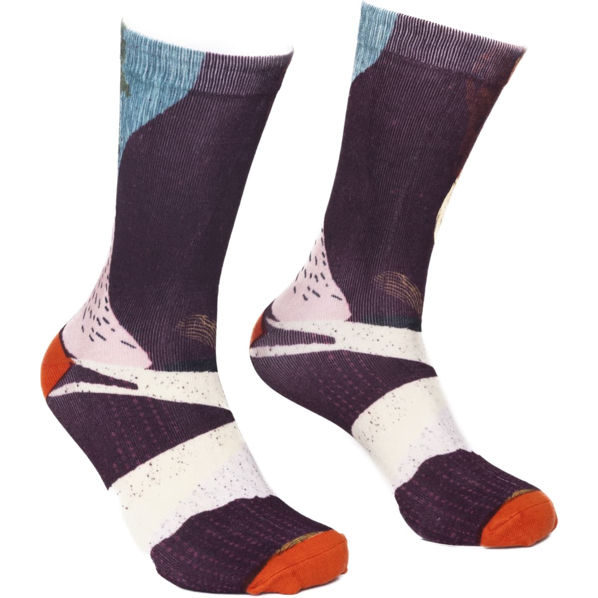 Crew sublimated socks featuring a multicoloured abstract design with shades of purple, orange, and blue, alongside a logo.