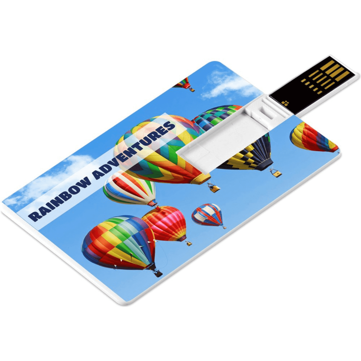 A credit card-sized flash drive featuring colourful hot air balloons against a blue sky background. It has a logo.