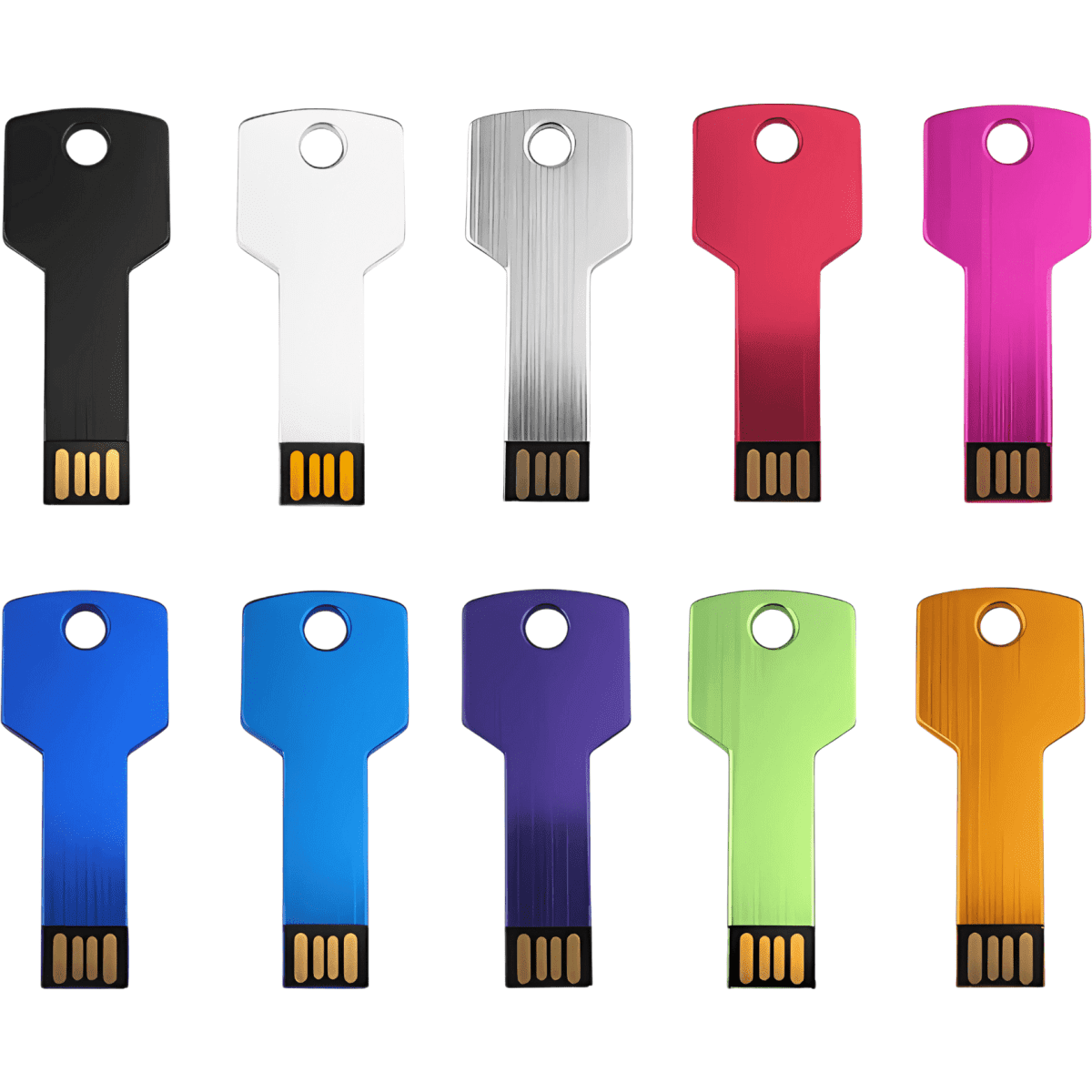 A collection of ten flash drives in various colours including black, white, silver, red, pink, blue, purple, green, and orange. Each drive has a key shape.
