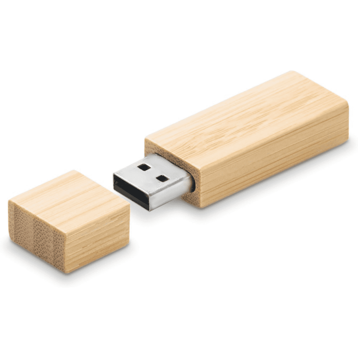 A bamboo USB flash drive with a removable cap, featuring a natural wood finish and a silver USB connector.