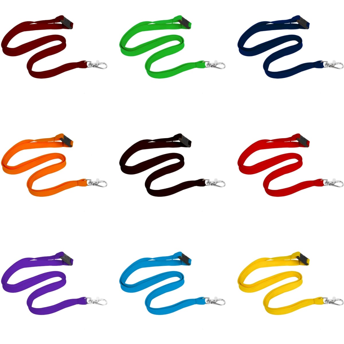A set of 10mm wide bootlace lanyards in various colours including red, green, blue, orange, brown, purple, and yellow with swivel clips.