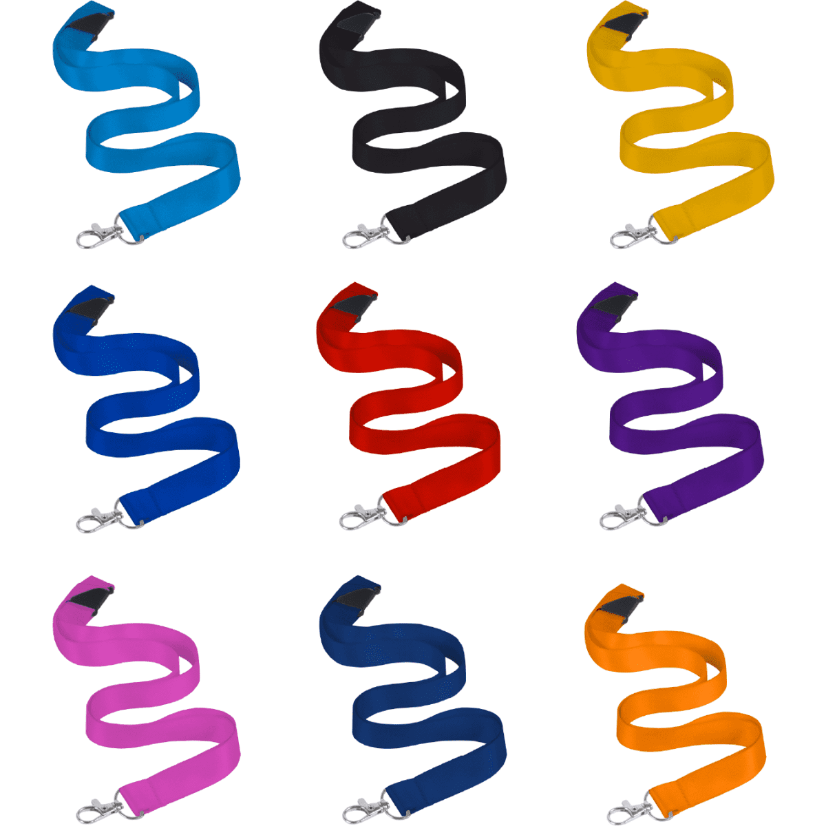 A set of nylon lanyards in various colours, including black, blue, red, yellow, purple, and pink, featuring swivel clips.