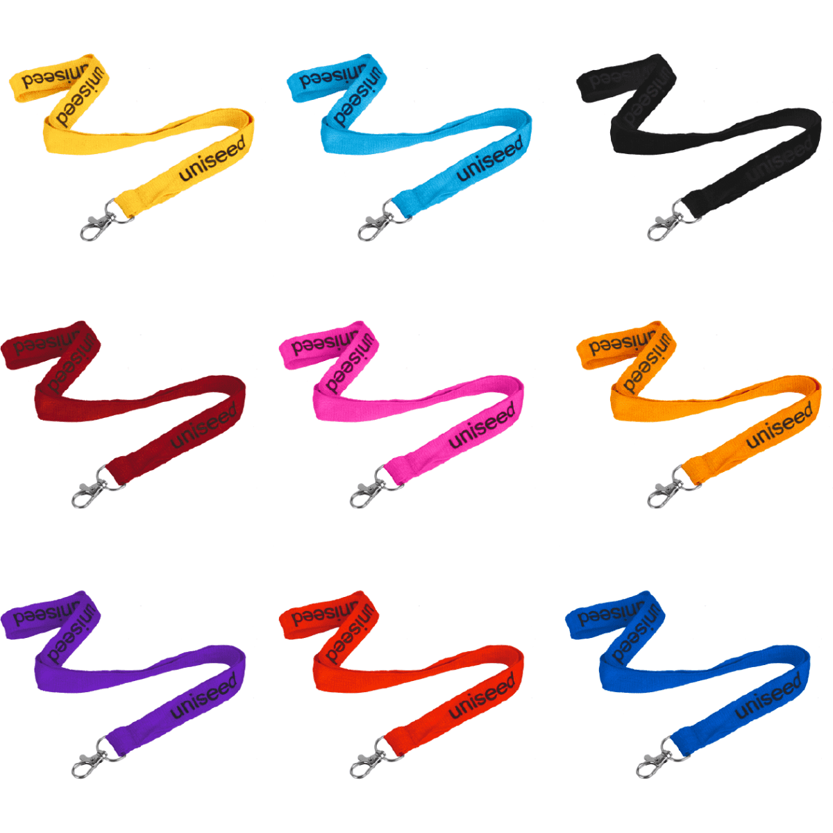 A collection of flat ribbed lanyards in various colours: yellow, black, red, pink, purple, and blue, each with a swivel clip.